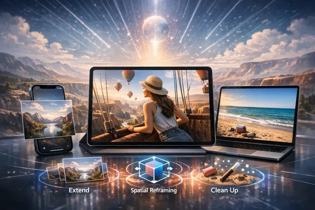 Conceptual image of Apple's Spatial Reframing AI photo editing tool adjusting the perspective of a captured image on an iPhone.