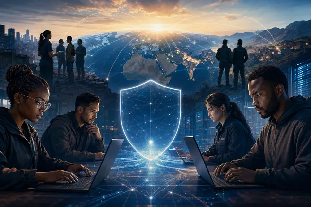 Illustration of AI-assisted cybersecurity protecting critical infrastructure