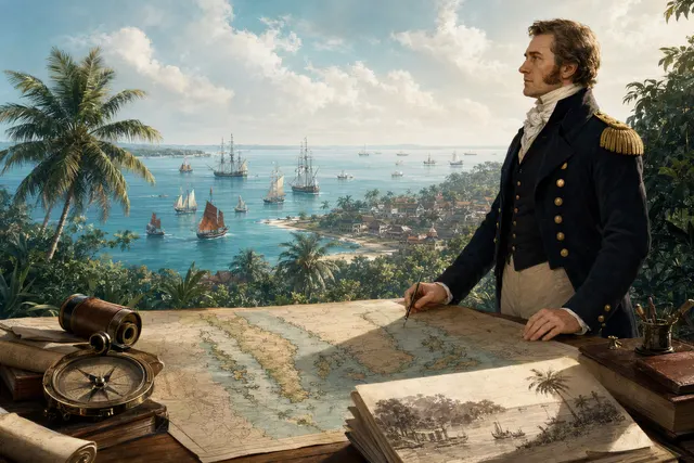 AI-generated editorial illustration for an article about Singapore’s 1819 trading post