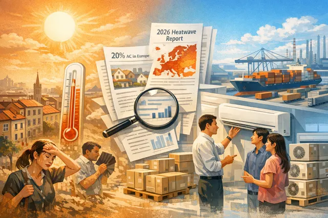 AI-generated editorial image depicting a heatwave over a European city skyline