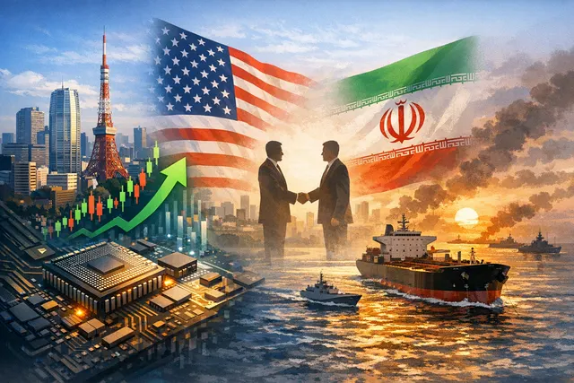 Global market forces: AI chip, oil tanker, and rate chart illustration