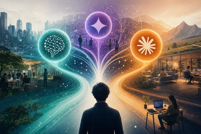 Editorial illustration of competing AI assistants and fragmented digital discovery