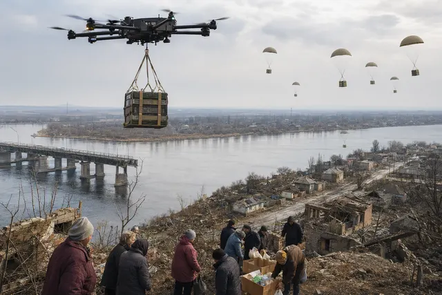 AI-generated illustration representing a cargo drone delivering aid near a city