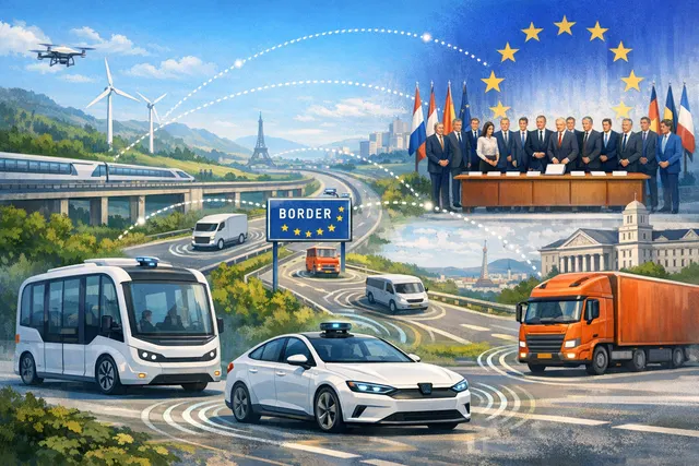 A photorealistic illustration of an autonomous electric van driving through a modern European city, representing the new wave of self-driving pilots across the continent.