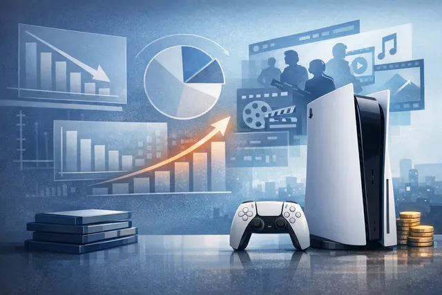 PlayStation 5 console beside digital game interface graphics representing Sony’s shift toward recurring digital revenue