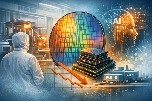 Editorial illustration of Samsung DRAM wafers and stacked HBM4 memory chips powering AI servers