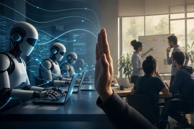Editorial illustration of Meta’s AI workforce transformation and human oversight