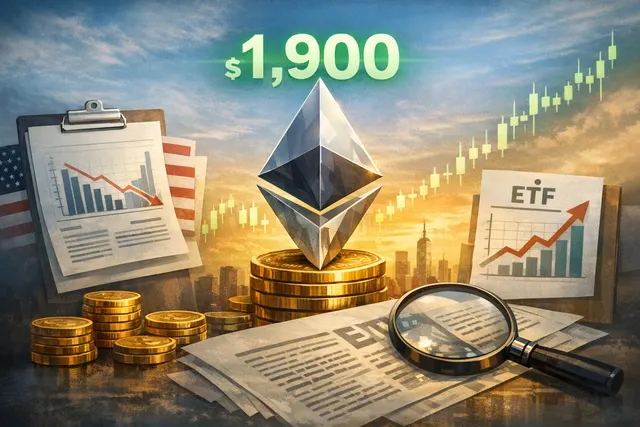 Ethereum price chart showing the breakout above $1,900 with annotations for CPI data, ETF inflows, and trendline breakout on July 15, 2026.