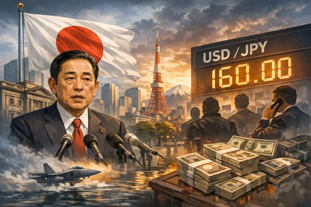 Japanese yen banknotes alongside a downward-trending exchange rate chart against the U.S. dollar, highlighting volatility near the 160-per-dollar level.