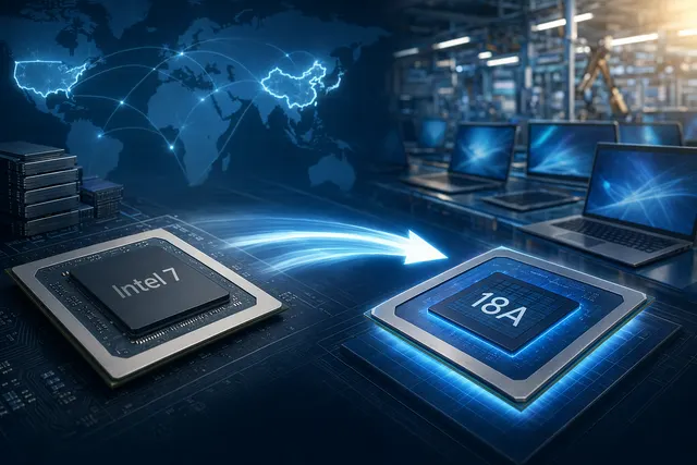 Concept illustration of Intel shifting PC manufacturers from Intel 7 CPUs to 18A Core Ultra processors amid AI-driven demand