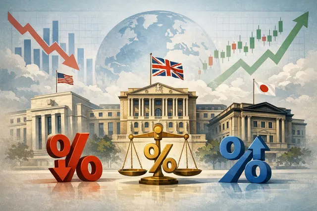 A split-screen illustration showing the Federal Reserve building in Washington D.C., the Bank of England in London, and the Bank of Japan in Tokyo, representing the three central b
