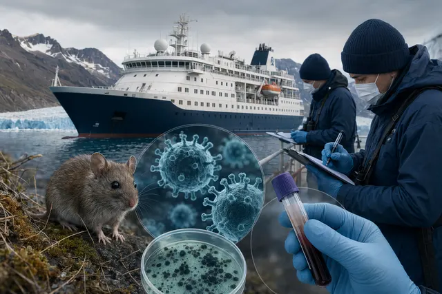 Editorial illustration of the MV Hondius cruise ship during a hantavirus outbreak investigation