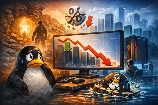 Linux Steam share decline visualization showing a line graph dropping from 5.33% to 3.99% against a backdrop of gaming hardware