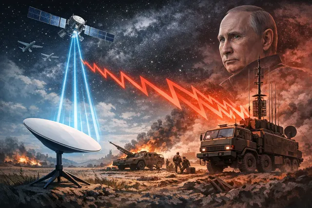 Illustration of a satellite dish emitting jamming signals toward multiple Starlink satellites over a digital battlefield map of Ukraine, with electronic warfare trucks visible on t