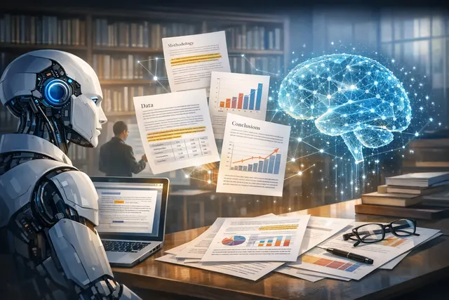 An abstract digital illustration showing a stack of PDF documents with highlighted data points, charts, and text being extracted and organized into a structured database by an AI s