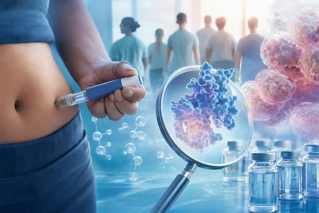 Editorial illustration of a weekly injectable treatment and glucose monitoring for type 2 diabetes research