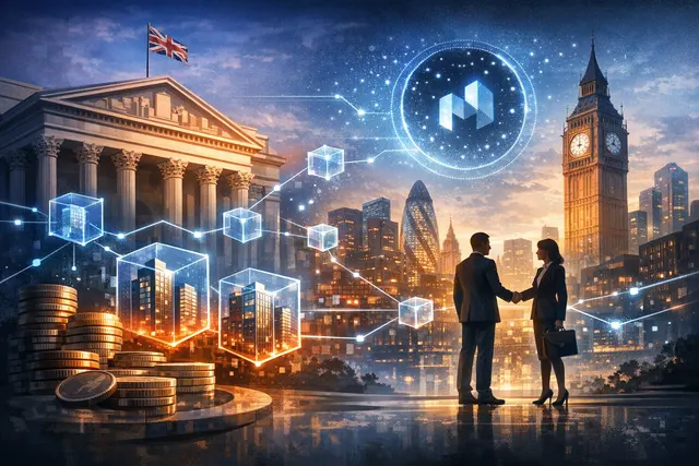 Abstract visual representing blockchain privacy and institutional-grade real-world asset tokenization on the Cardano Midnight network with a bank building and blockchain motifs.
