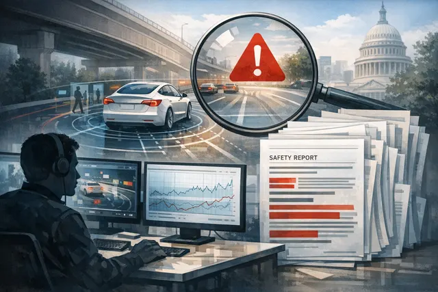 A conceptual illustration of a Tesla being examined under a magnifying glass, symbolizing the Reuters investigation into the company's FSD safety data.