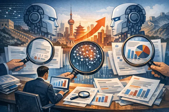 Abstract digital visualization representing China's competitive AI large language model market with data charts and financial graphs