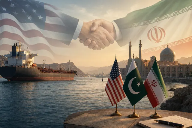 Illustration representing US–Iran diplomatic negotiations and geopolitical tensions around the Strait of Hormuz