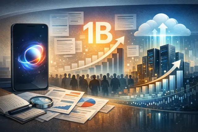 A digital abstract illustration representing Google's AI strategy and the Gemini app's growth.