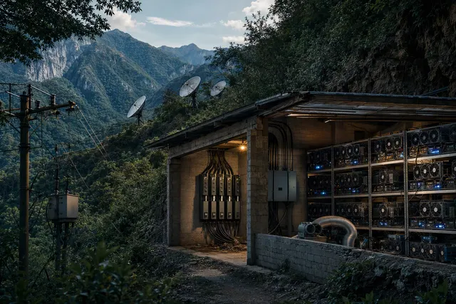 AI-generated illustration of a secluded cryptocurrency-mining facility in a mountainous landscape