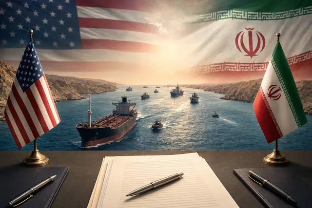 Illustration of the Strait of Hormuz and diplomatic negotiations between the United States and Iran