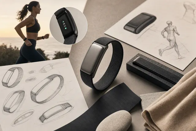 Editorial illustration of a screenless fabric health and fitness tracker band