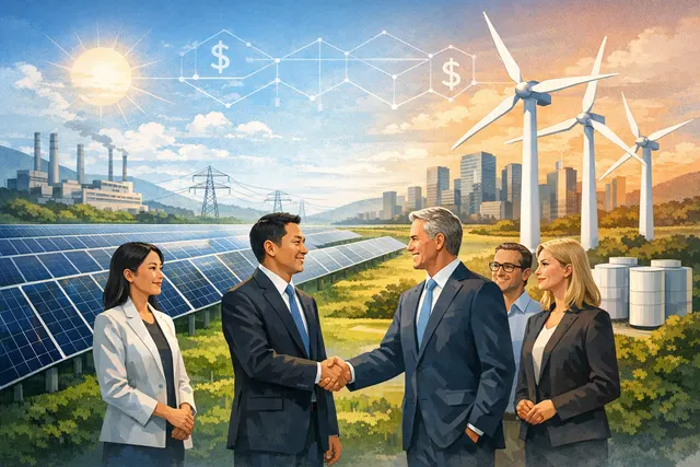 Illustration of renewable energy infrastructure including wind turbines and solar panels powering a Foxconn factory complex in Vietnam