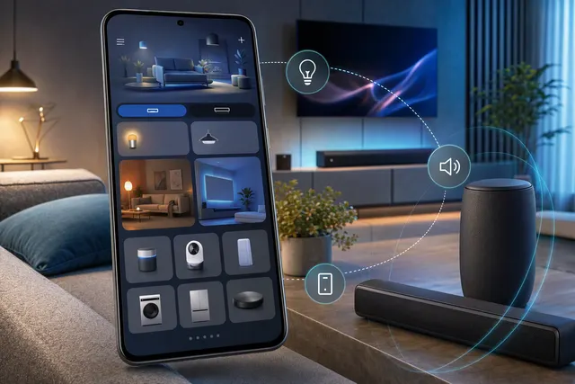 Illustration representing the SmartThings app redesign, with smart-home controls and a TV remote