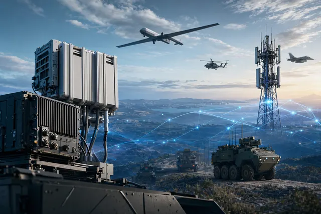 AI-generated illustration of a 5G defense network linking military vehicles and communications infrastructure