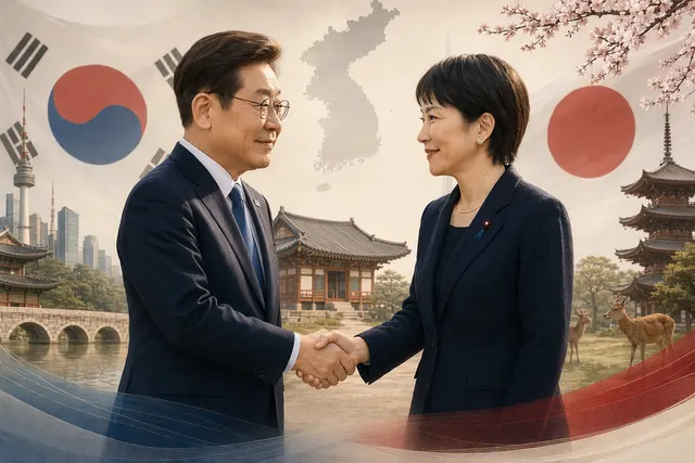 Illustration of South Korean President Lee Jae Myung and Japanese Prime Minister Sanae Takaichi meeting for a summit