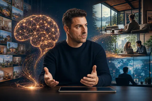 AI-generated editorial illustration for an article about Brian Chesky’s internal AI system at Airbnb