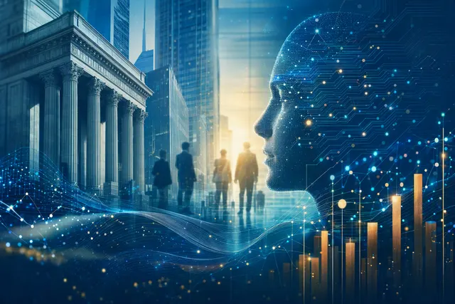 Editorial illustration of artificial intelligence investment and return on investment in financial services
