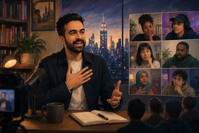 Editorial illustration of NYC Mayor Zohran Mamdani hosting a livestream conversation with viewers on Twitch