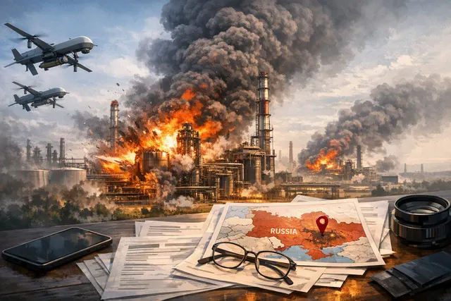 AI-generated illustration of a drone strike on a large industrial oil refinery at night, with flames and columns of black smoke rising above the facility.