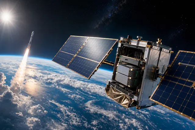 Illustration of a satellite carrying AI computing hardware in orbit