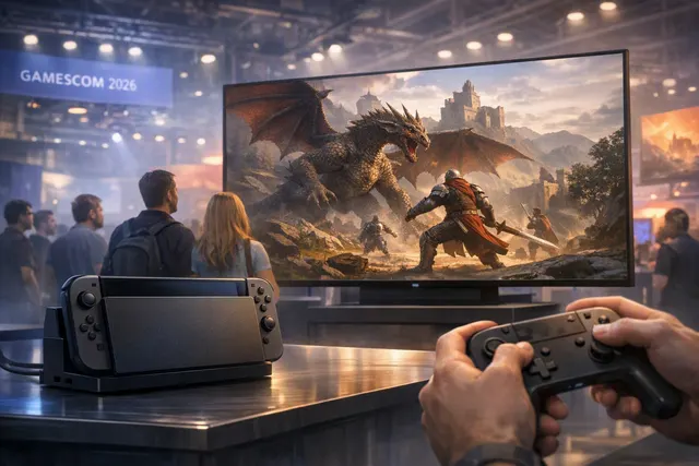 Editorial illustration representing Nintendo Switch 2 games showcased at Gamescom 2026