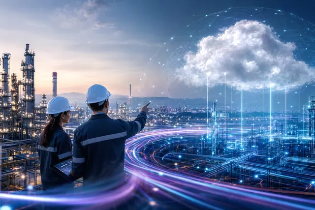 Concept illustration of industrial data platforms and cloud AI collaboration between AVEVA and AWS