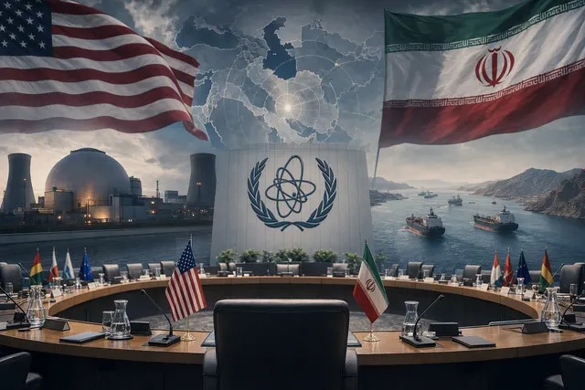 Editorial illustration of the US–Iran nuclear standoff at the IAEA conference in Vienna