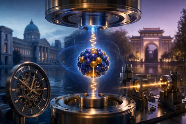 Conceptual illustration of a thorium-229 nuclear clock, with a laser aimed at a crystal containing thorium nuclei