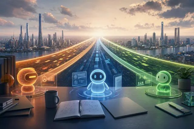 Editorial illustration of China’s AI office-agent competition among Tencent, Alibaba, and 360