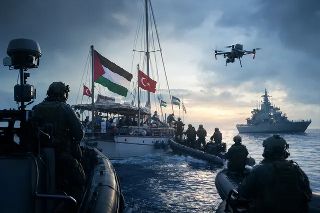 Illustration of a flotilla of civilian vessels approaching Gaza as naval ships intercept them in the eastern Mediterranean