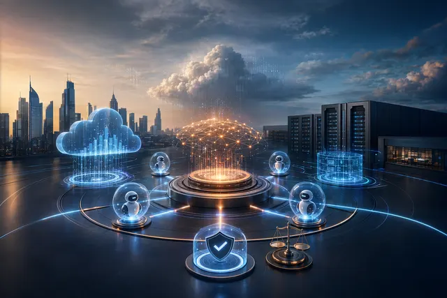 AI-generated illustration of enterprise AI agents connected to governed data across cloud and on-premises systems.