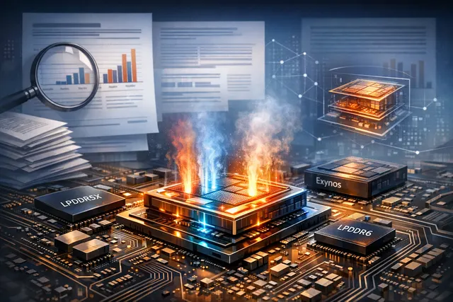 AI-generated illustration of a Qualcomm Snapdragon chip package with a copper heat path block and memory components arranged side-by-side, representing HPB cooling technology.