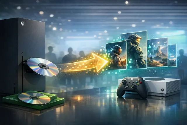 Xbox game disc beside a digital game interface representing Microsoft’s disc-to-digital program