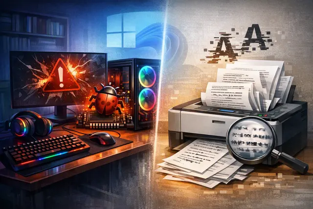 Illustration of Windows update problems affecting PC games, RGB hardware, and WPF printing