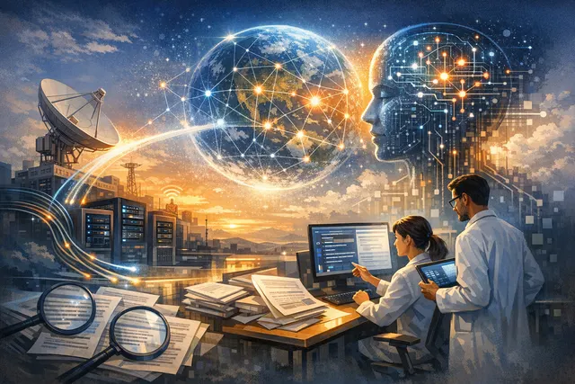 Concept illustration representing the Cloudflare and OpenAI joint research pilot, showing a globe network with AI and search symbols
