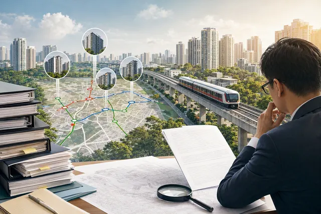 AI-generated editorial illustration accompanying the review of home purchases near planned Singapore MRT stations