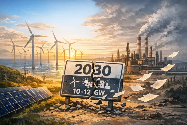 Equinor's 2026 strategy pivot illustrated: an oil and gas rig overshadowing a small wind turbine, representing the shift from renewable targets to fossil fuel growth.